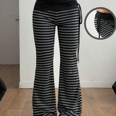Women's Fall/winter Retro Street Style Bell Bottomed Pants, Vintage Side Drawstring Striped Design, Fashionable Casual Wear