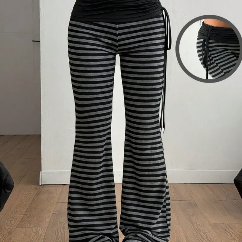 Women's Fall/winter Retro Street Style Bell Bottomed Pants, Vintage Side Drawstring Striped Design, Fashionable Casual Wear