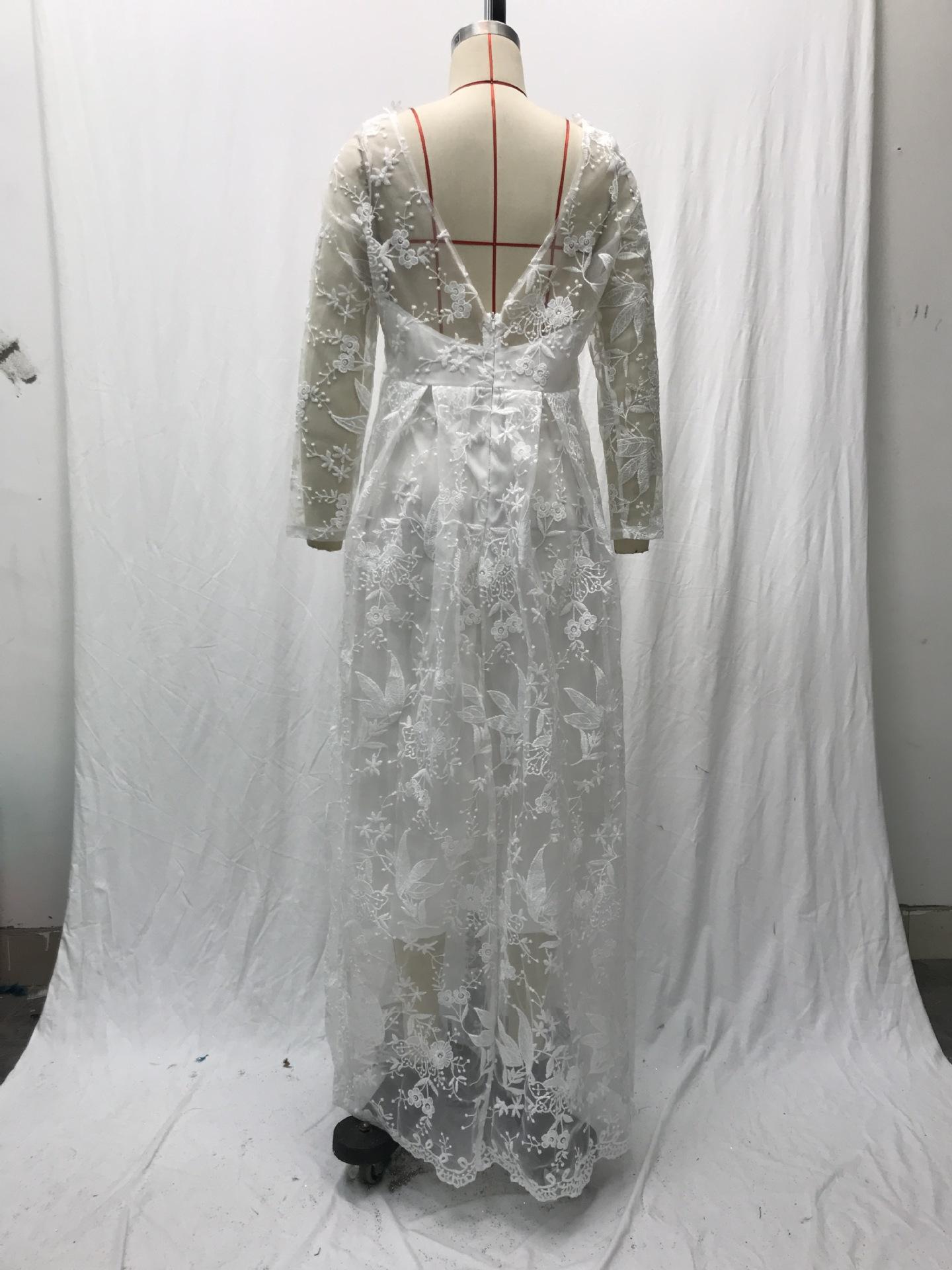 2026 New Style Women's Long-Sleeve Solid Color Sheer Lace Wedding Dress Bridal Gown