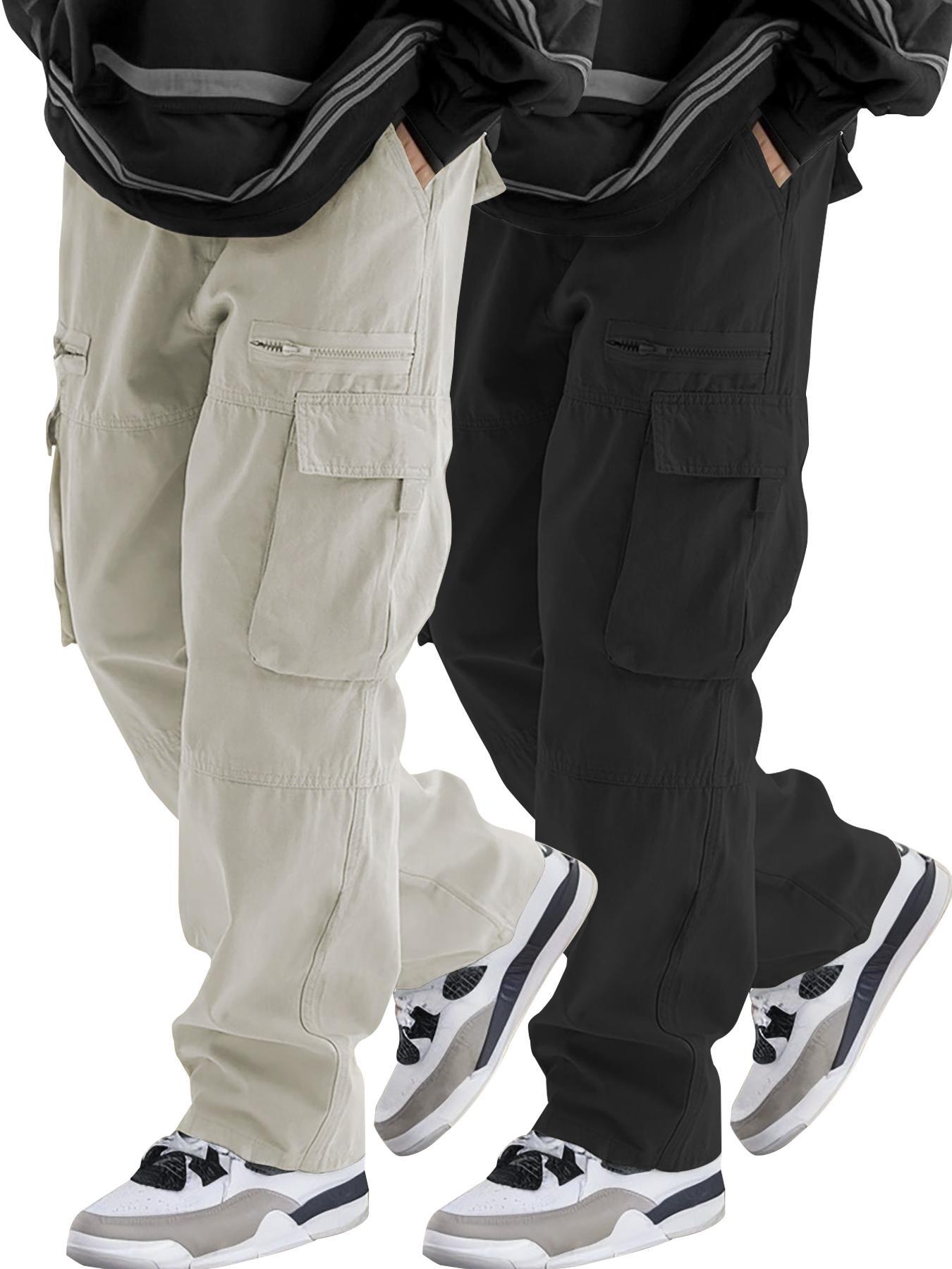 Unisex Loose-Fit Solid-Color Cargo Pants with Pockets, Drawstring and Zip Fly, Casual Comfy Woven Trousers for Everyday Outdoor Wear, Streetwear Style, Suitable for All Seasons