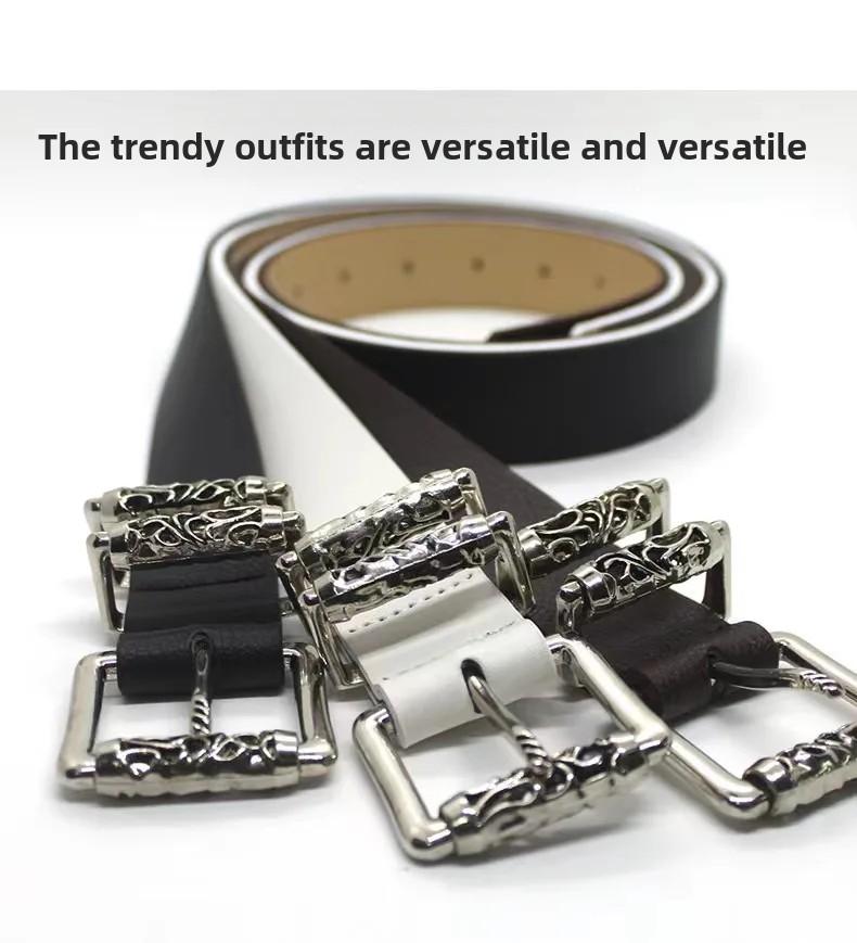 New Silver Alloy Engraved Roller Buckle Hollow Punk High Street Fashion Belt for Men And Women