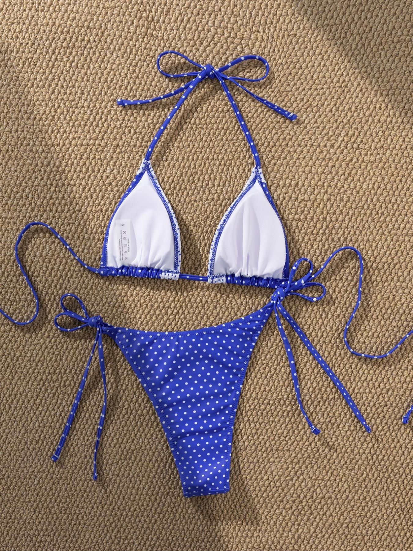 Two-piece Set Women's Polka Dot Print Bikini Set, Casual Fashion Chic Tie Back Swim Bra & Tie Side Swim Panty, Ladies Swimsuit for Beach Holiday Vacation, Colorblock Bikini Set, Summer Swimsuit Set, Swimsuit Style Bikini