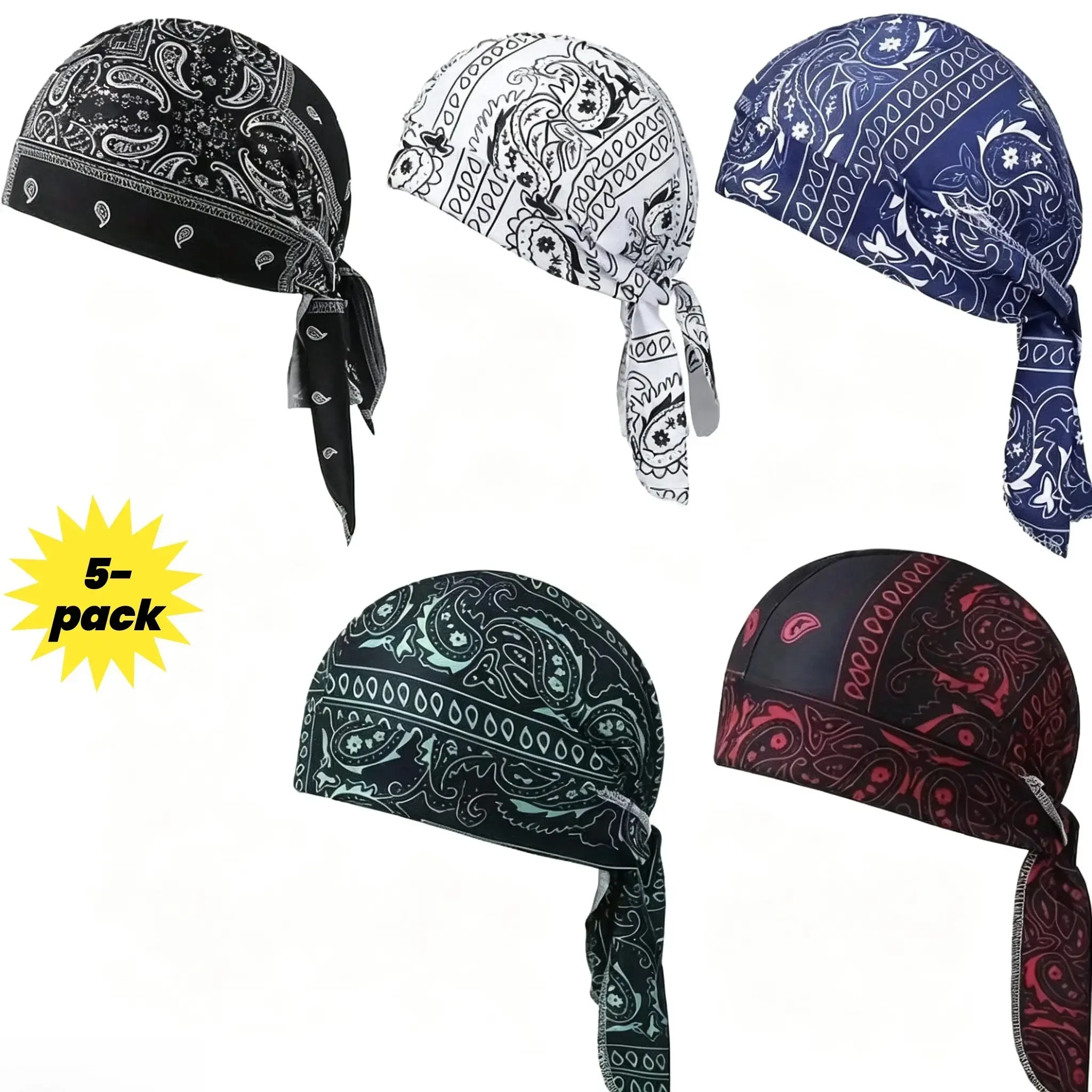 Skull Caps, 5-Pack Graphic Paisley Headwear for Men & Women, Moisture Wicking Lightweight Breathable Bandana for Outdoor Sports, Head Cover, Graphic Bandana Hats, Outdoor Headwear, Moisture Wicking Headwear