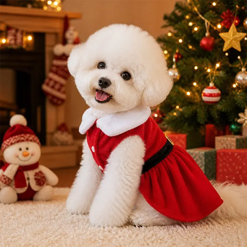 Christmas Pet Princess Dress, Fuzzy Collar Holiday, New Year Photo Costume, Teddy Bear Small Dog Cat Christmas Clothes