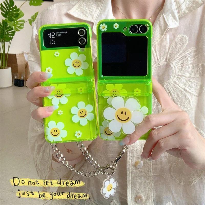Phone Case For Samsung Galaxy Z Flip 7 FE 6 5 4 3 Fluorescent Green Insert Cards Cute Flower Stand Bracelet Shockproof Cover
