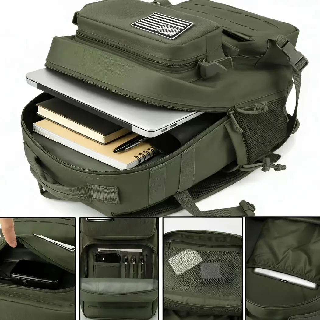 6.6gal Tactical Style Travel Backpack, Molle Daypack for Outdoor Hiking Camping Trekking, 180° Flat Open Weekend Bag with Laptop Compartment And Dual Cup Holders, Heavy Duty Gym Sports Pack