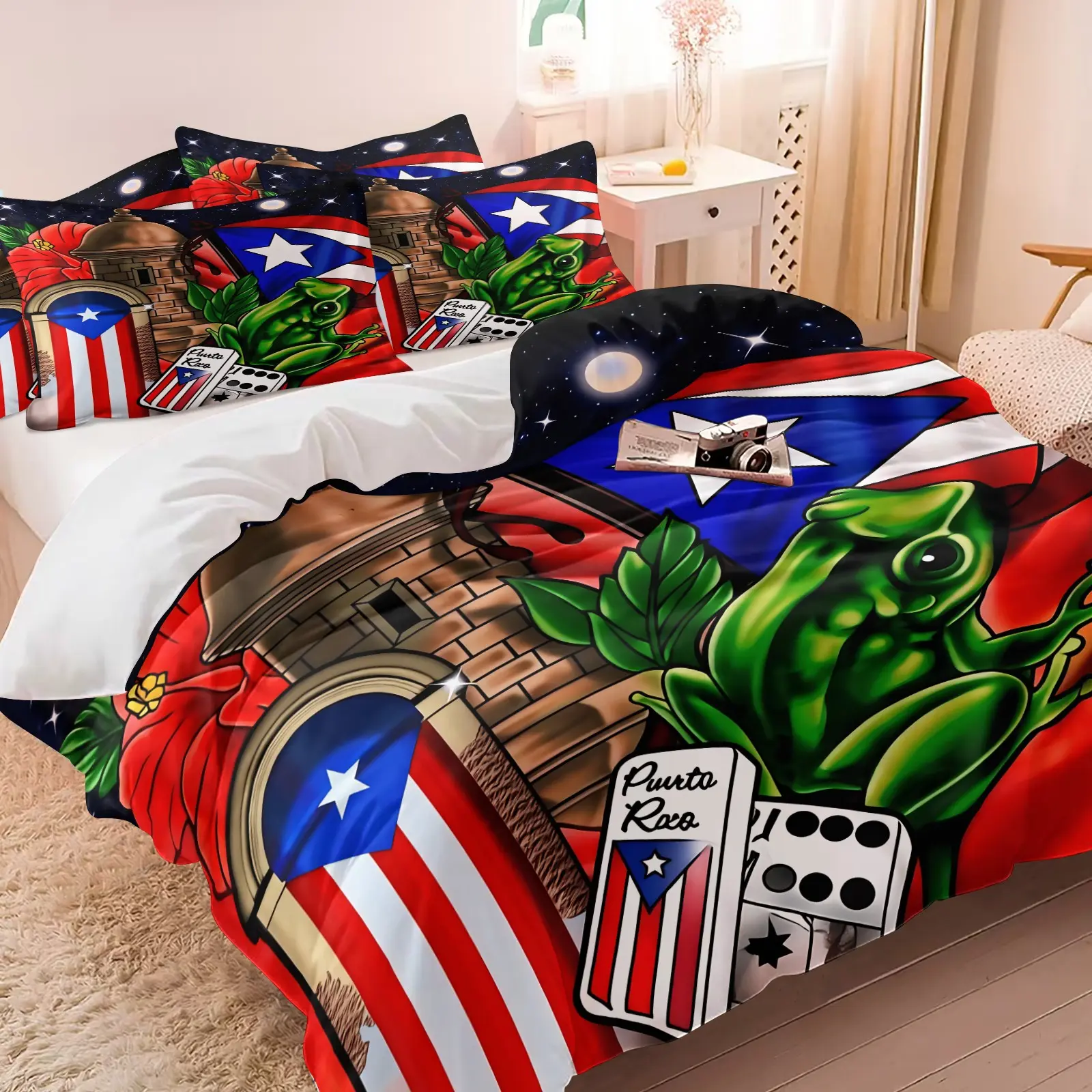 Puerto Rico Flag Arch Jasmine Domino Duvet Cover Set - 1 Duvet and 1-2 Coreless Pillowcases - Black Bedding Breathable Skin-Friendly Soft - Ethnic Bedroom Dorm Decor Gift for Ethnic Style Lovers