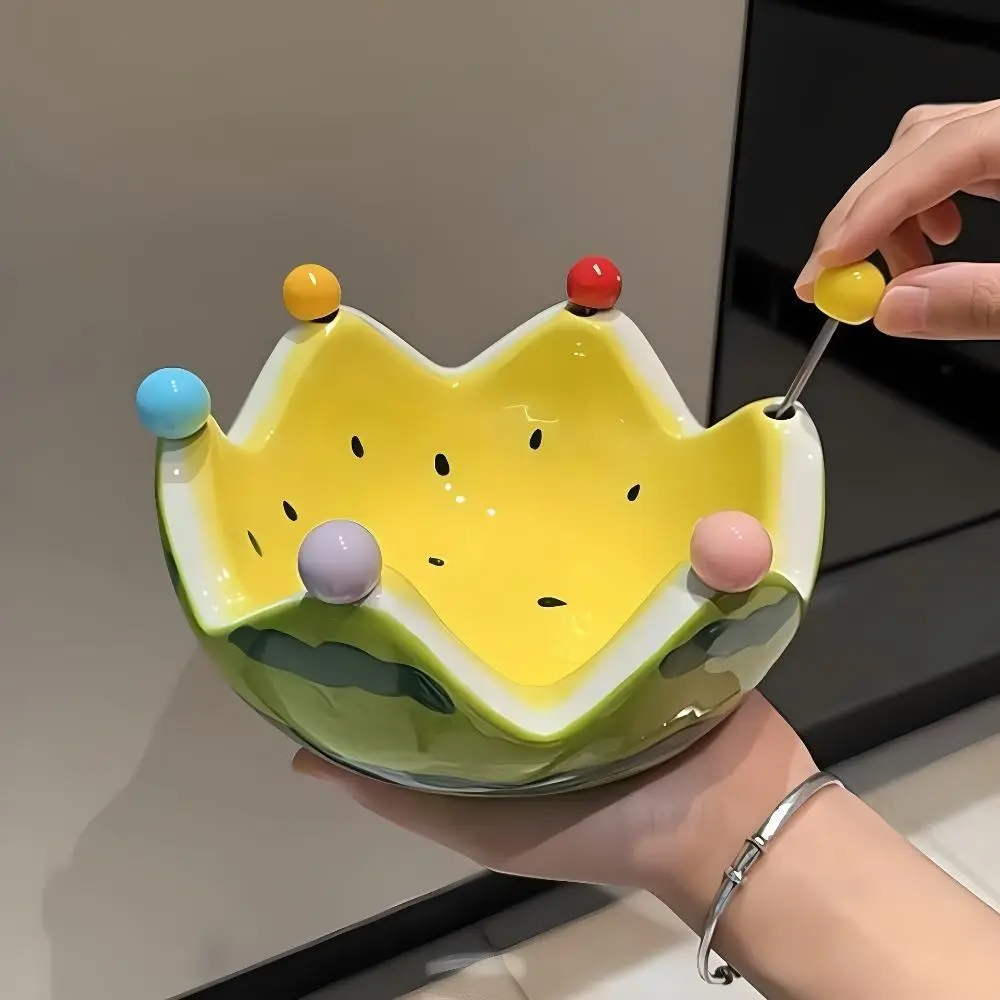 Cute Watermelon Shaped Ceramic Fruit Bowl Set, Spacious Large Capacity Serving Plate Complete With Matching Mini Fruit Forks, Stylish Decorative Table Ornament For Living Room Coffee Table Daily Fruit Storage