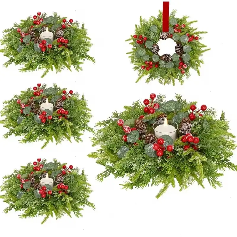 4 Piece Christmas Candle Ring Wreath, Mini Berry Candle Wreath, Kitchen Cabinet, Window, Table Center Decor, Holiday Decoration