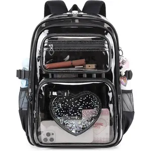 Clear Backpack for School Girls, Cute Heavy Duty PVC Transparent Bookbag, See-Through Bag for Stadium Event Semi-Black