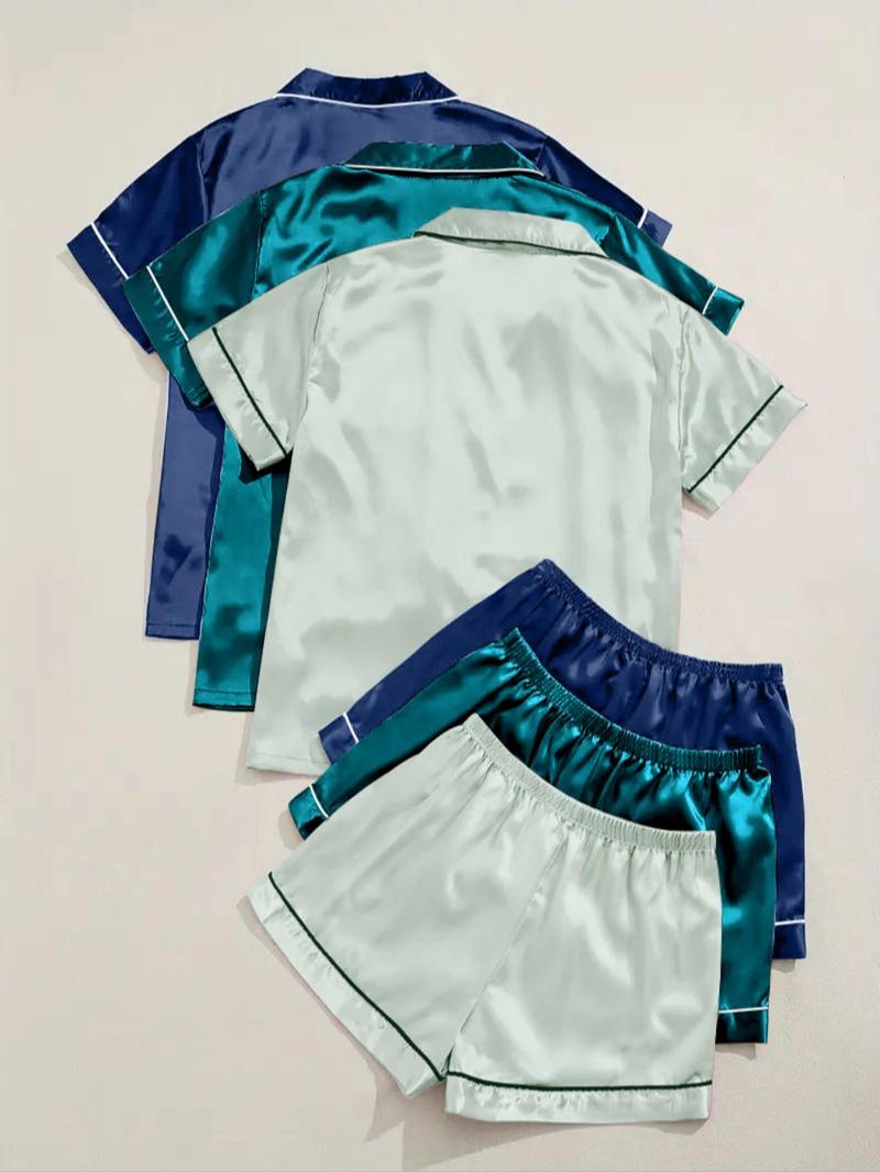 Women's Solid Satin Pyjama Set, Short Sleeve Button Front Lapel Shirt & Contrast Binding Shorts PJ Set, Summer Sleepwear Set, Pajamas, Silky Satin Pajama