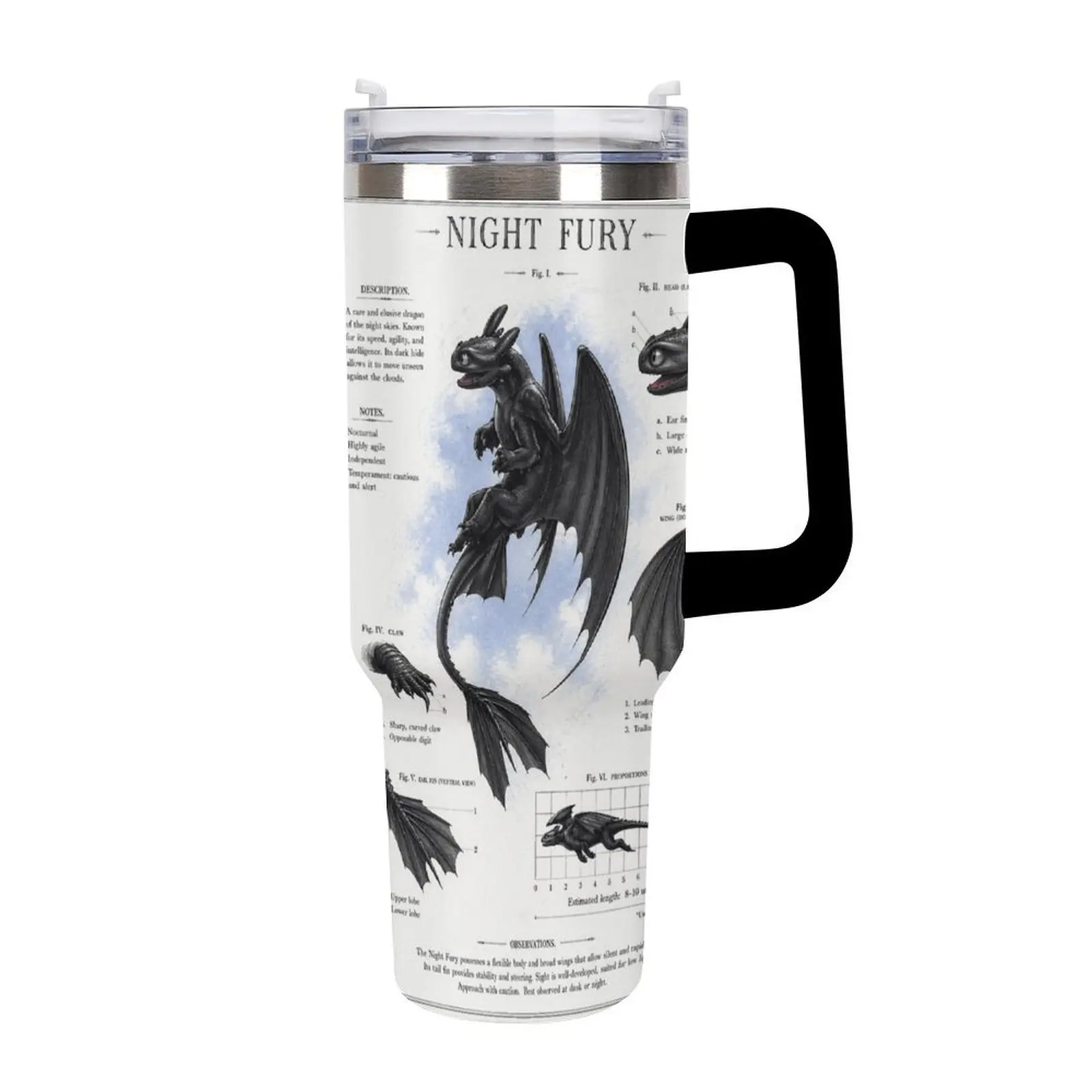 Night Fury Scientific Blueprint Tumbler – How to Train Your Dragon Anatomy Illustration Travel Mug with Handle, Toothless Dragon Field Study Tumbler