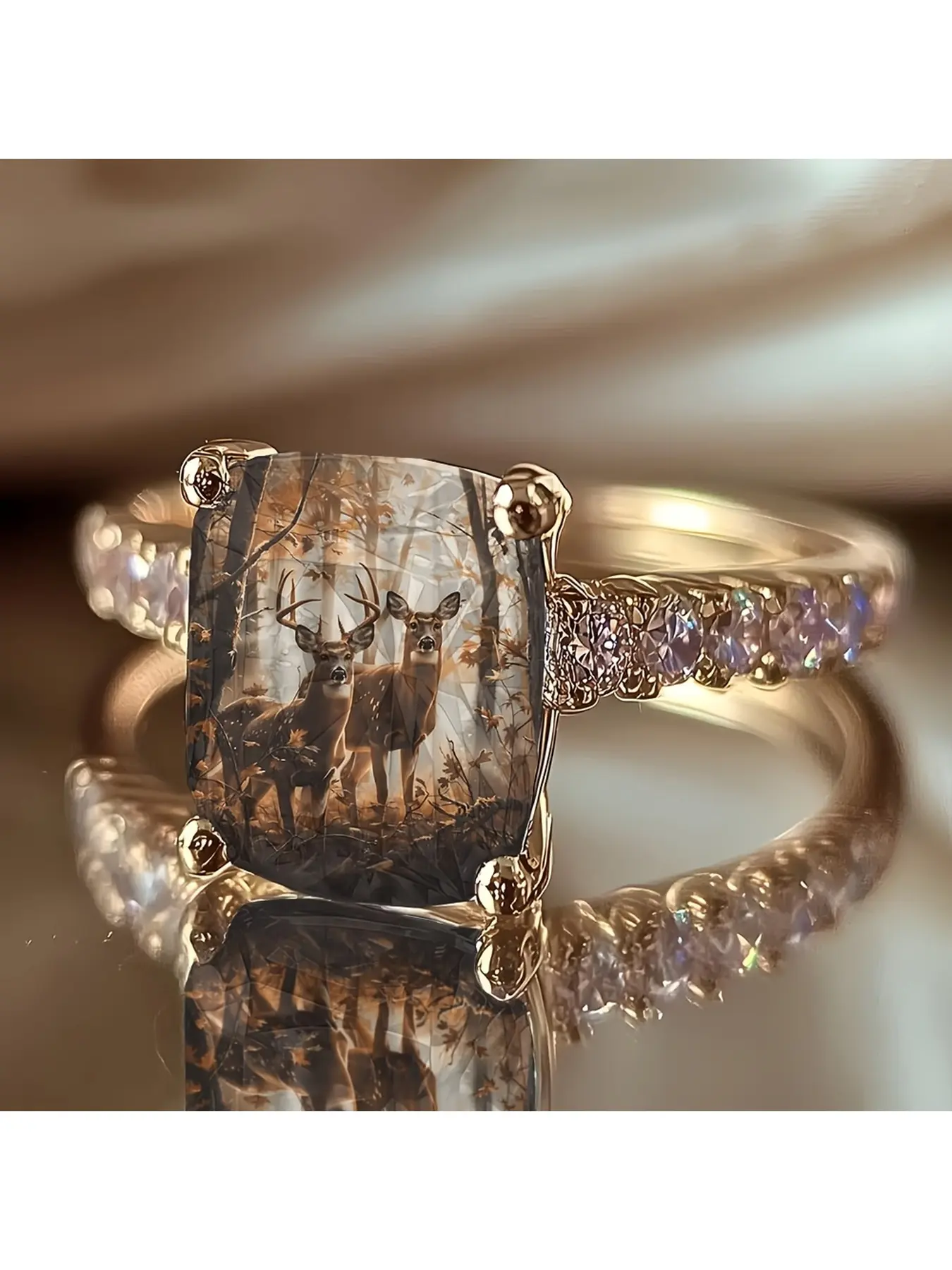Lady Retro Forest Double Deer Square Ring - Autumn Forest Deer Landscape Illustration Pattern Accessory - Eco-friendly Natural Symbolism Auspicious Daily Gift Decoration Jewelry