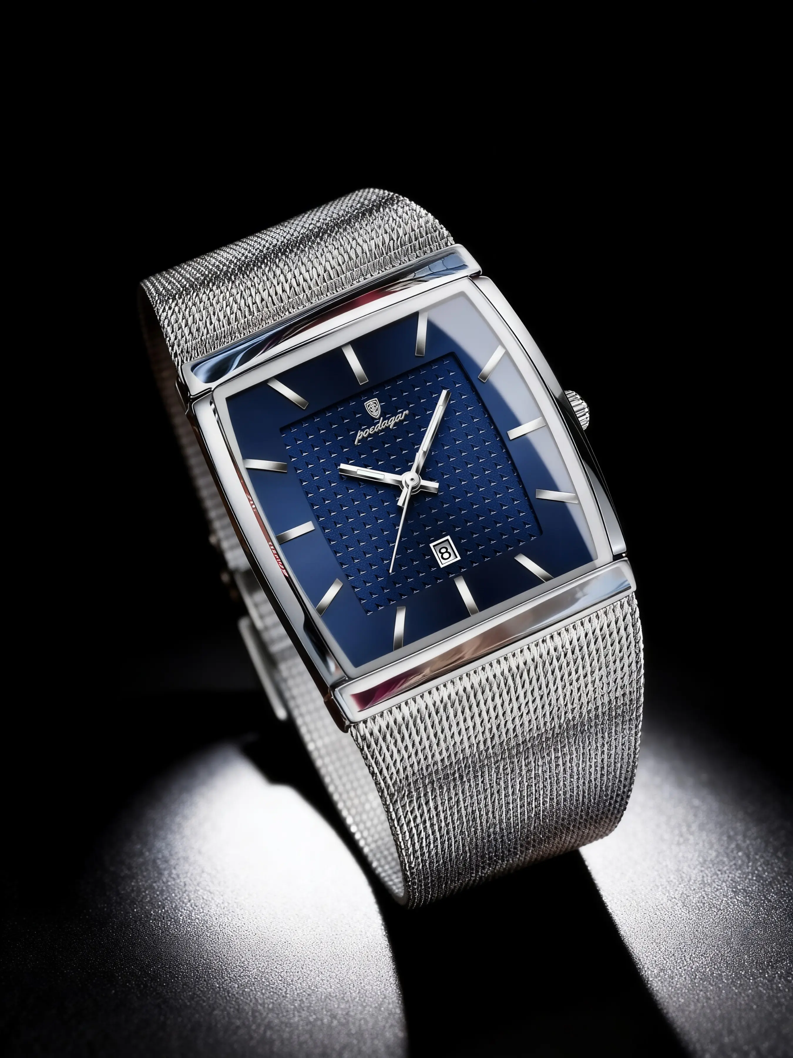 Slim Rectangle Quartz Watch For Men Full Polished Silver Case Double Layer Blue Embossed Dial Luminous Gold Markers Single Date Breathable Steel Mesh Strap 30M Water Resistant Daily Gentlemen Watch