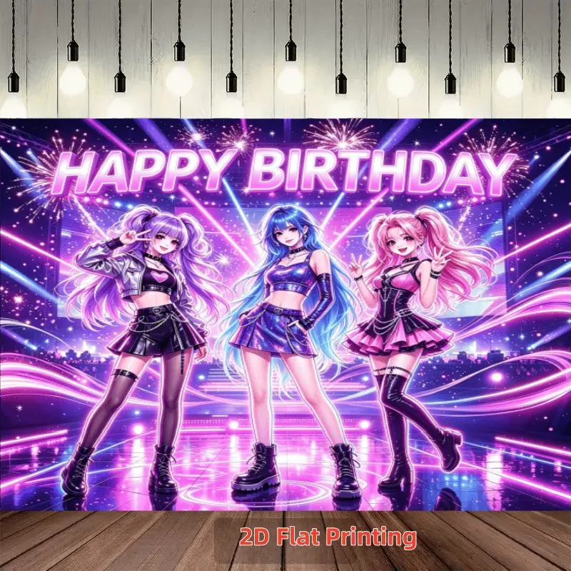 2D Flat Banner 1pc Pink‑Purple Neon Idol Girl Group Birthday Party Background Banner, for indoor, photo venue, birthday decor, party banner, photo backdrop, polyester material, multiple sizes available, Birthday Themed Backdrops