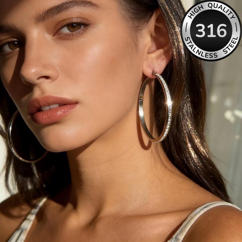 Round stainless steel diamond-encrusted earrings, a fashionable and light luxury accessory for women with large circular stud earrings