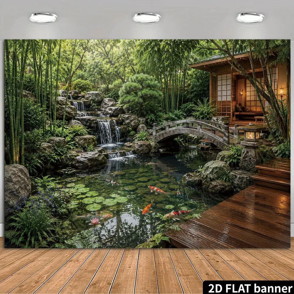 apanese Zen Bamboo Garden 2D Flat Banner | Tranquil Waterfall & Koi Landscape | Single-Sided Polyester | Metal Grommets for Easy Hanging