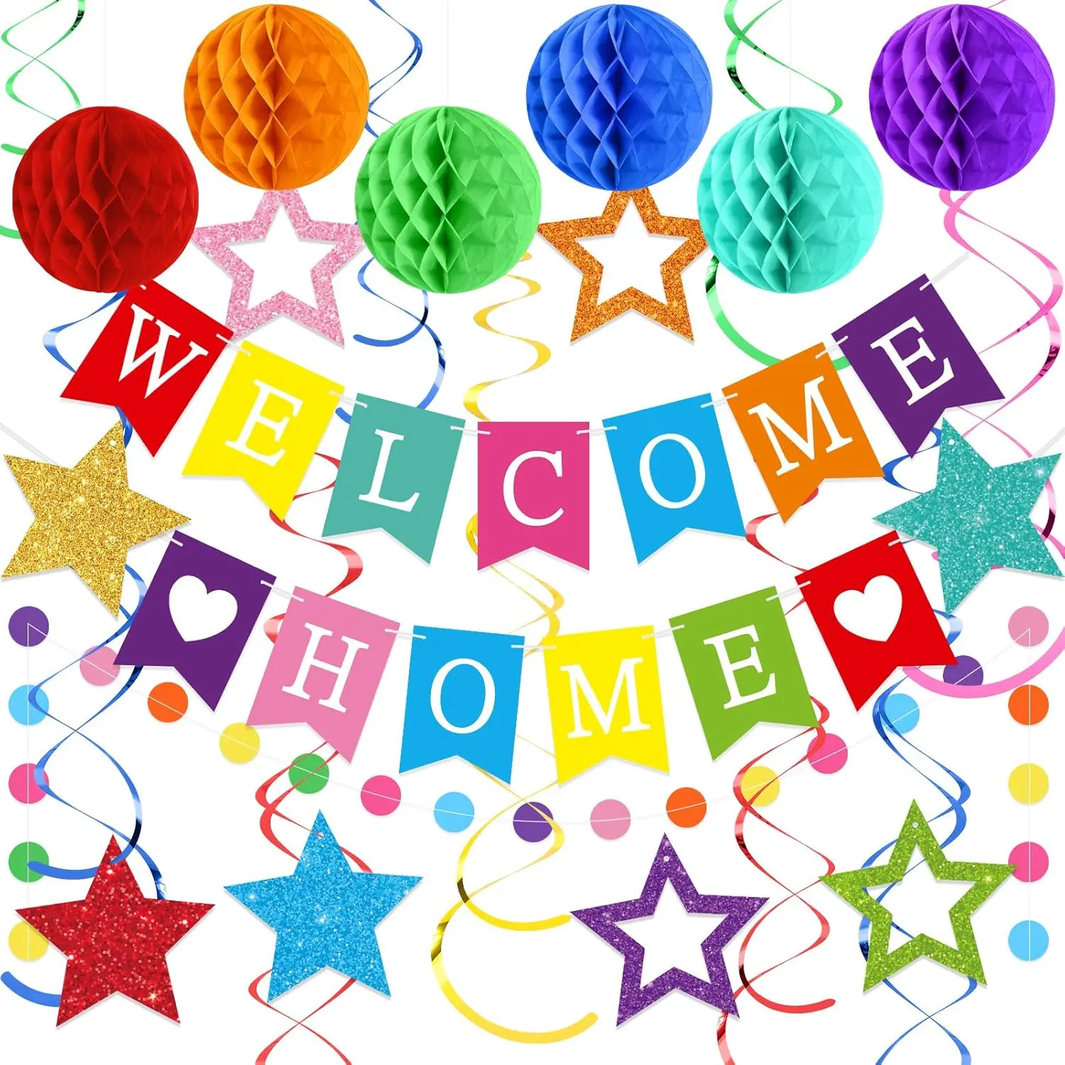 Welcome Home Decorations Welcome Home Banner with Glitter Stars Hanging Swirl Streamers, Honeycomb Balls, Circle Dots Garland, for Homecoming Party Decor Supplies(Colorful)