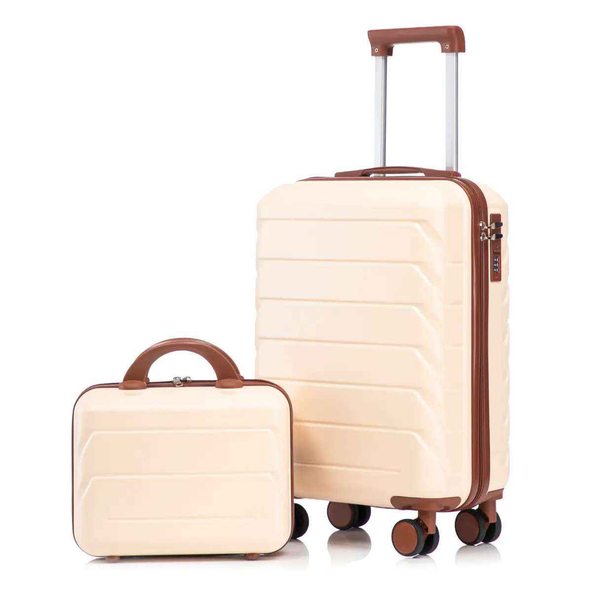 14"/20" 2 pcs/set in ABS Spinner Wheel Luggage, with Combination Lock,14" Cosmetic Case (Beige)