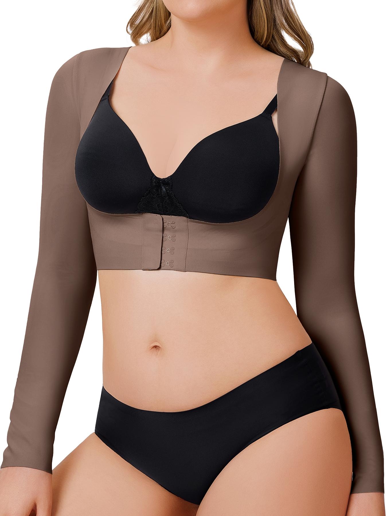 Women's Plain Open Bust Shapewear Crop Tee, Adjustable Hooks Push Up Chest Long Sleeve Shaper Top, Ladies Shapewear for All Seasons