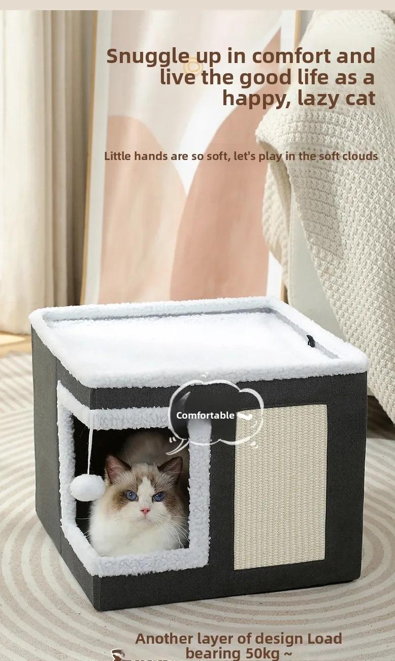 Cat Bed House Scratch Pad Foldable Square Design Solid Pattern Fashion Style Cat Cave Hideaway Cube Removable Washable Cushions for Indoor Cats Comfortable Cozy Pet Sleeping Nest with Scratching Function