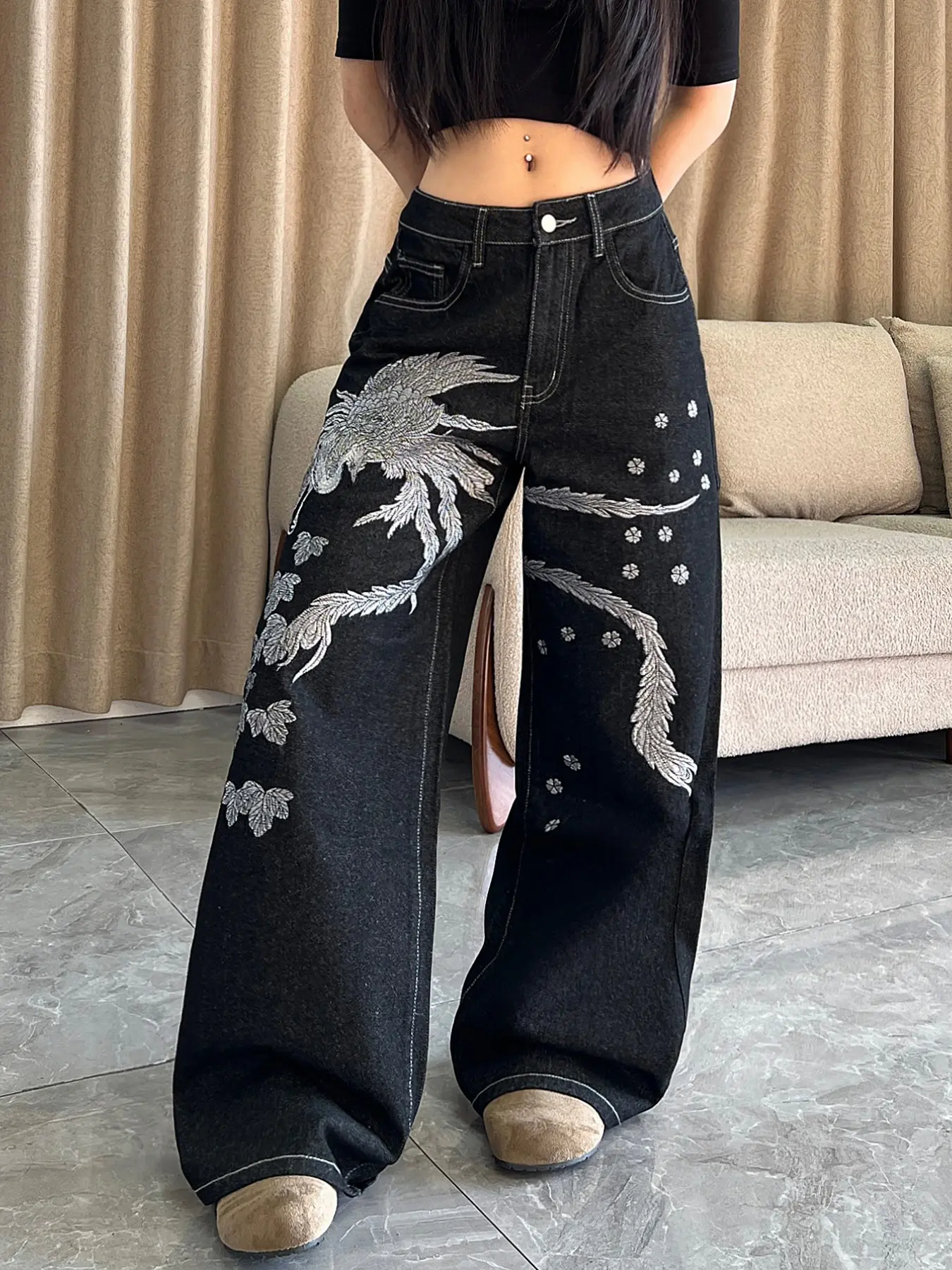 Women's Denim Jeans, New Chinese Style Phoenix Embroidery Straight Leg Wide Leg Jeans, Y2K Streetwear Fashion Loose Baggy Long Pants