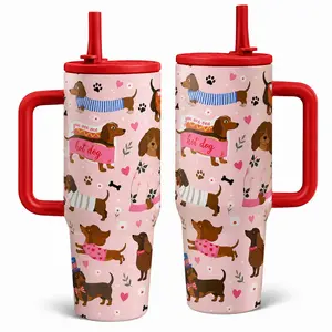 1pc 40oz Slim Cute Dachshund Double Wall Vacuum Insulated Coffee Travel Mug with Handle & Leakproof Lid, Pink Sweet Wiener Dog Heart Paw Seamless Print Stainless Steel Thermal Tumbler with Straw, Retains Heat 12H & Cold 24H, Ideal Pet Lover Gift for Dail
