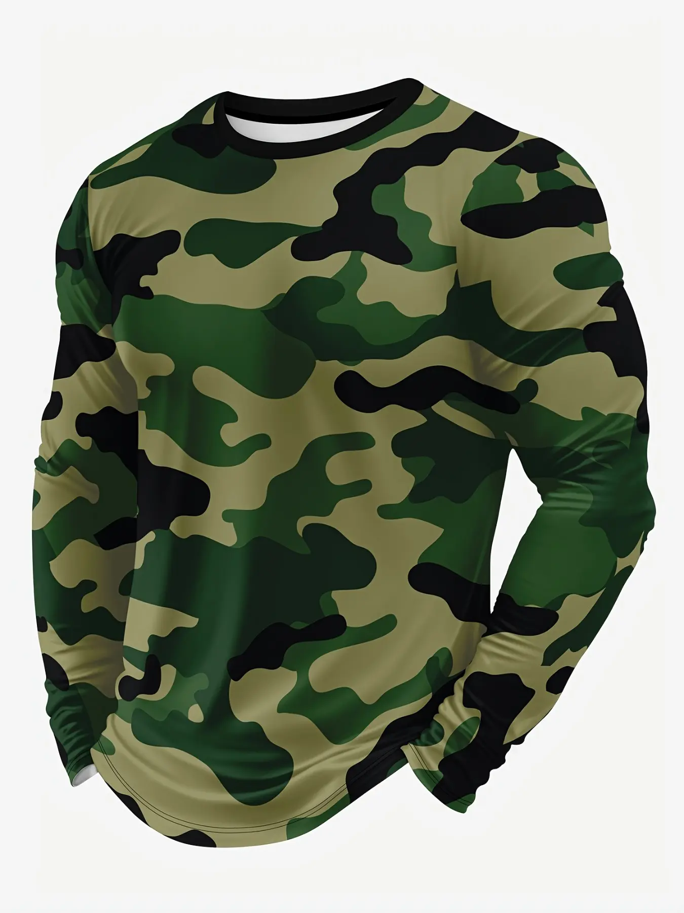 Classic Jungle Camo Men's Round Neck Long Sleeve T-Shirt, All over Print, Fitted H-Type, Casual Outdoor Wear, Hunting and Climbing