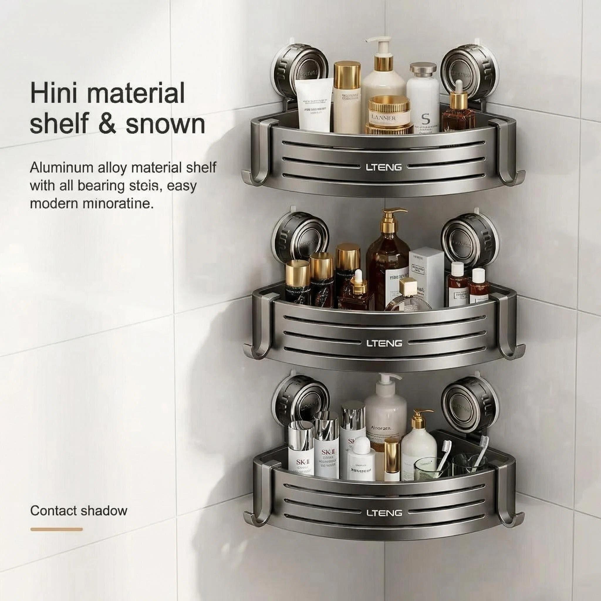 Super Powerful Suction Cup Bathroom Triangle Rack | Aluminum Alloy | 50lbs Load | Drill-Free Organizer with Towel Hooks