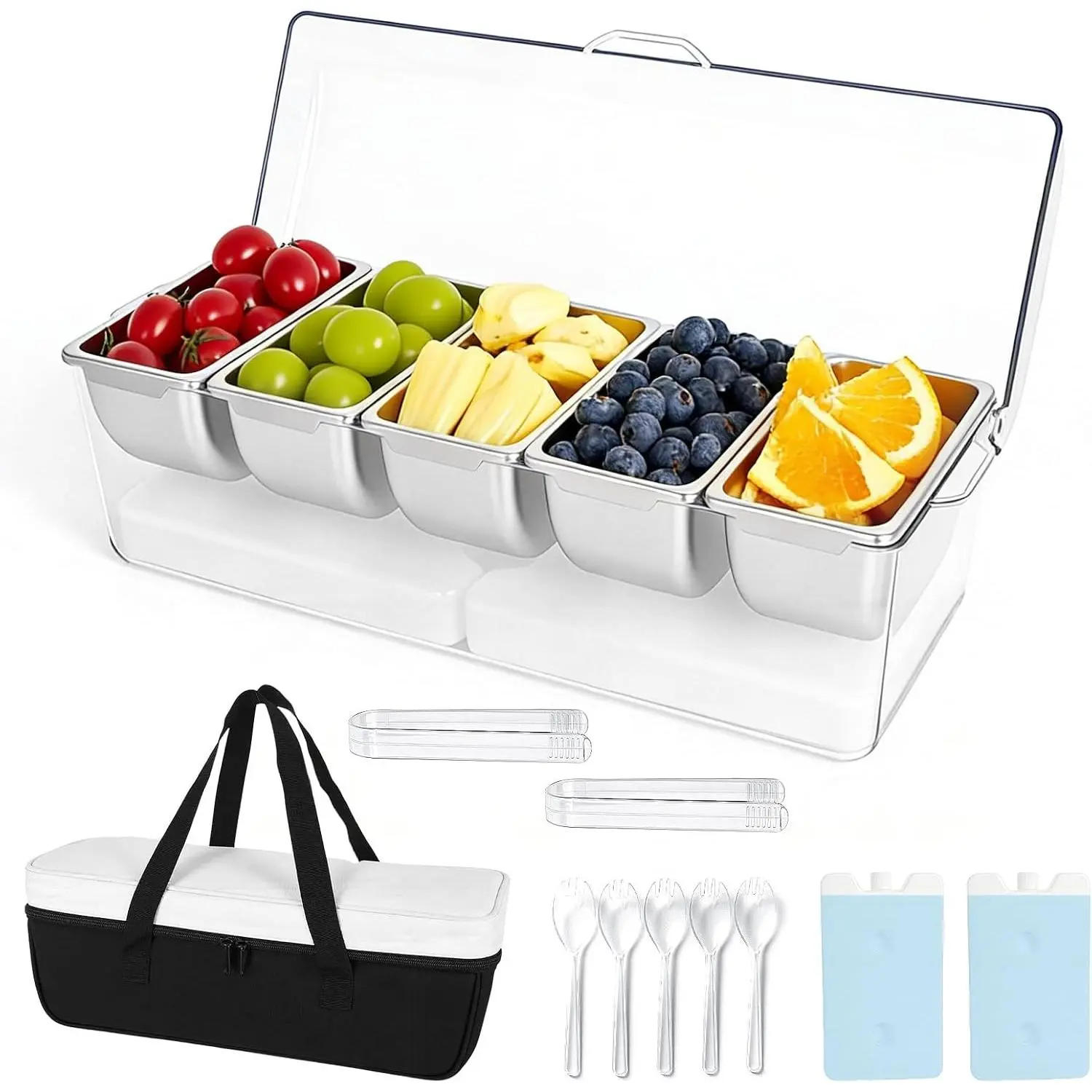 Chilled Condiment Caddy with 5 Removable Stainless Steel Compartments, Includes Portable Insulated Tote Bag and 2 Ice Packs, Serving Tray for Picnic, Outdoor, Party and Travel