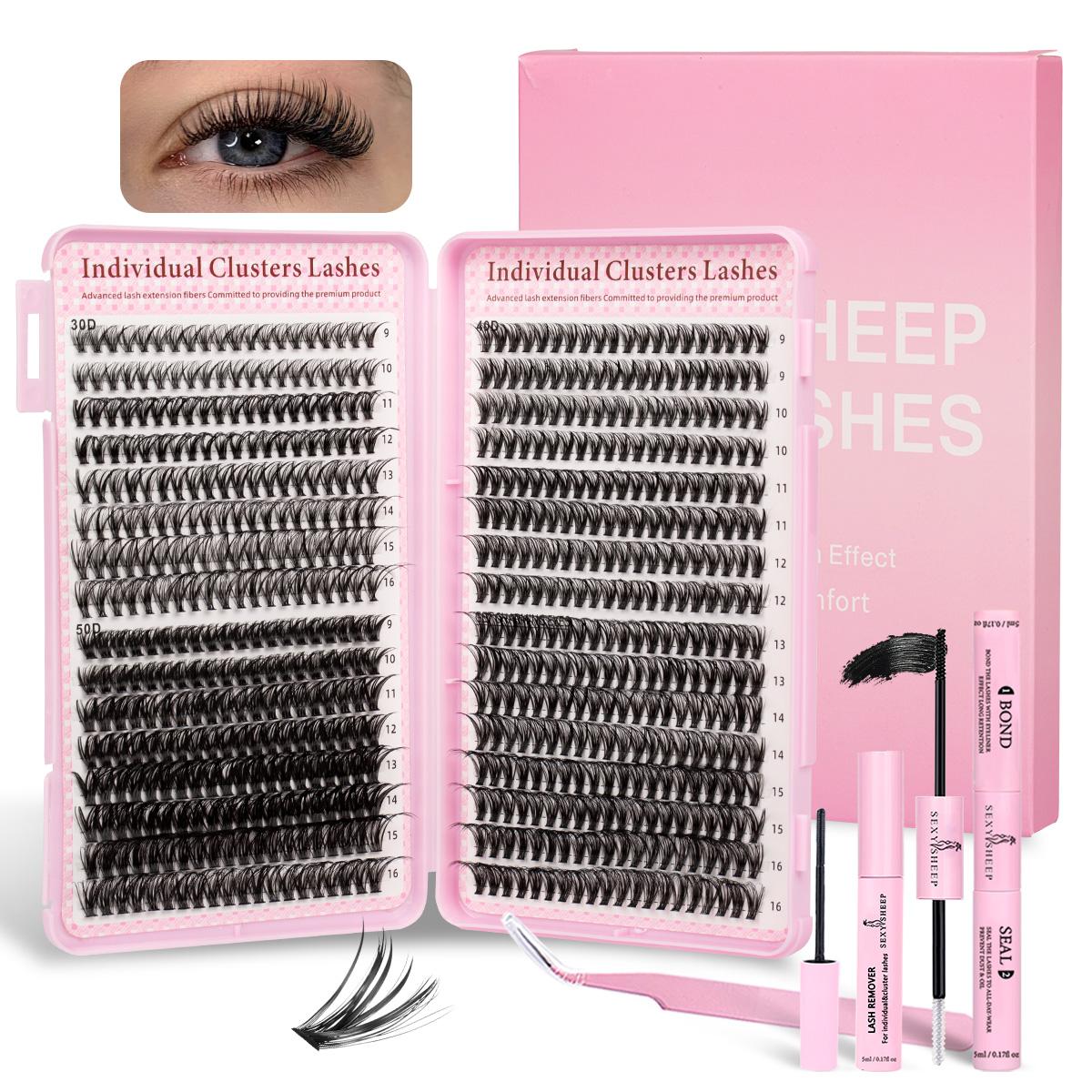 Natural Look Eyelash Extensions Set with False Lashes, Tweezers, Glue, Remover and Fixer, Professional Accessories for Women's Summer Makeup, Diy Lash Cluster