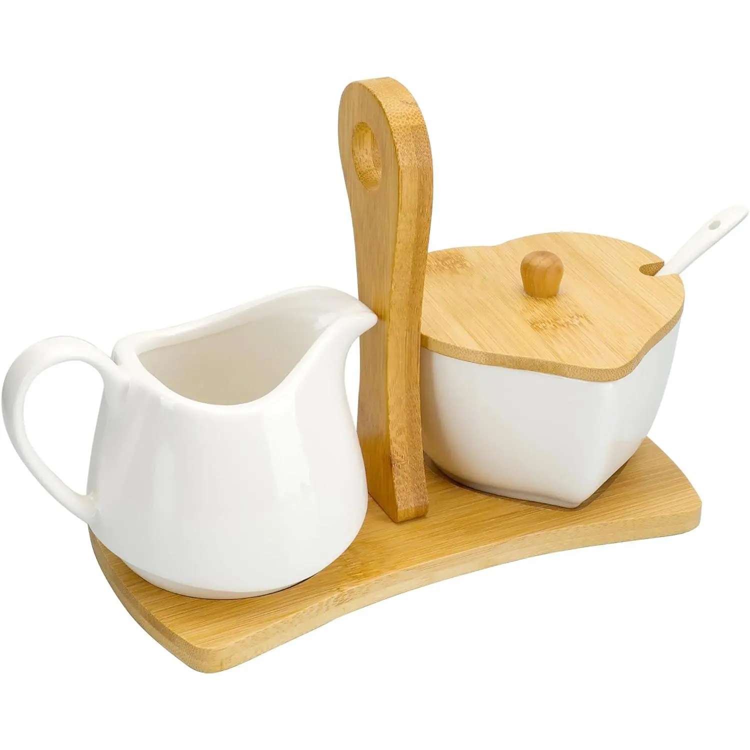 Ceramic Creamer and Sugar Set with Carry Tray Spoon Lid Vintage Cream Pitcher Sugar Jar Container Coffee Serving Set for Kitchen