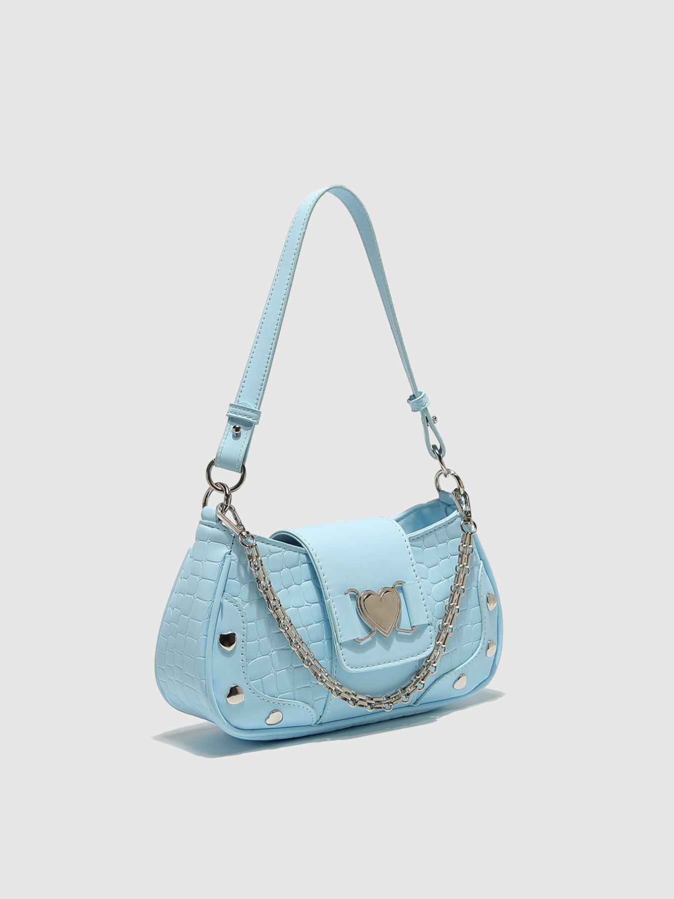 Women's Fashion Chain Decor Shoulder Bag, Heart Decorated Crocodile Textured Pu Leather Bag for Daily Used, Trendy All-match Underarm Bag, Cute Y2k Punk Style Hobo Dumpling Bag, Casual Zipper Purse, Chic Chain Crossbody