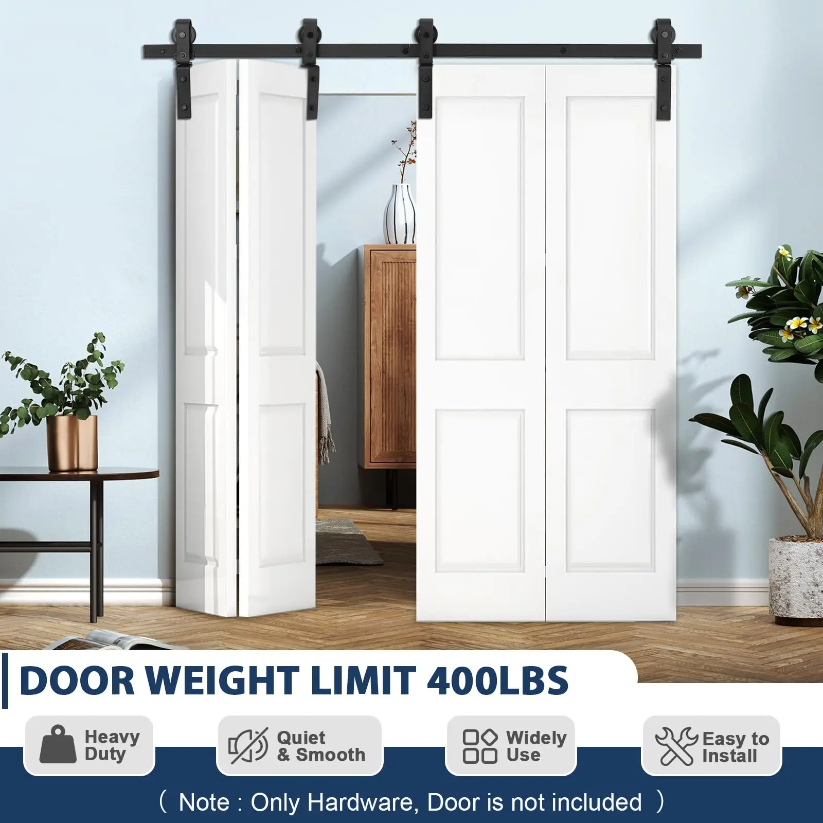 72"/6Ft Bifold Sliding Barn Door Hardware Track Kit, Bi-Folding Barn Door Hardware Kit, Side Mounted Black J Shape Roller Up to 400 LBS, Heavy Duty Bifold Door Hardware for 4 Doors, Smoothly and Quiet