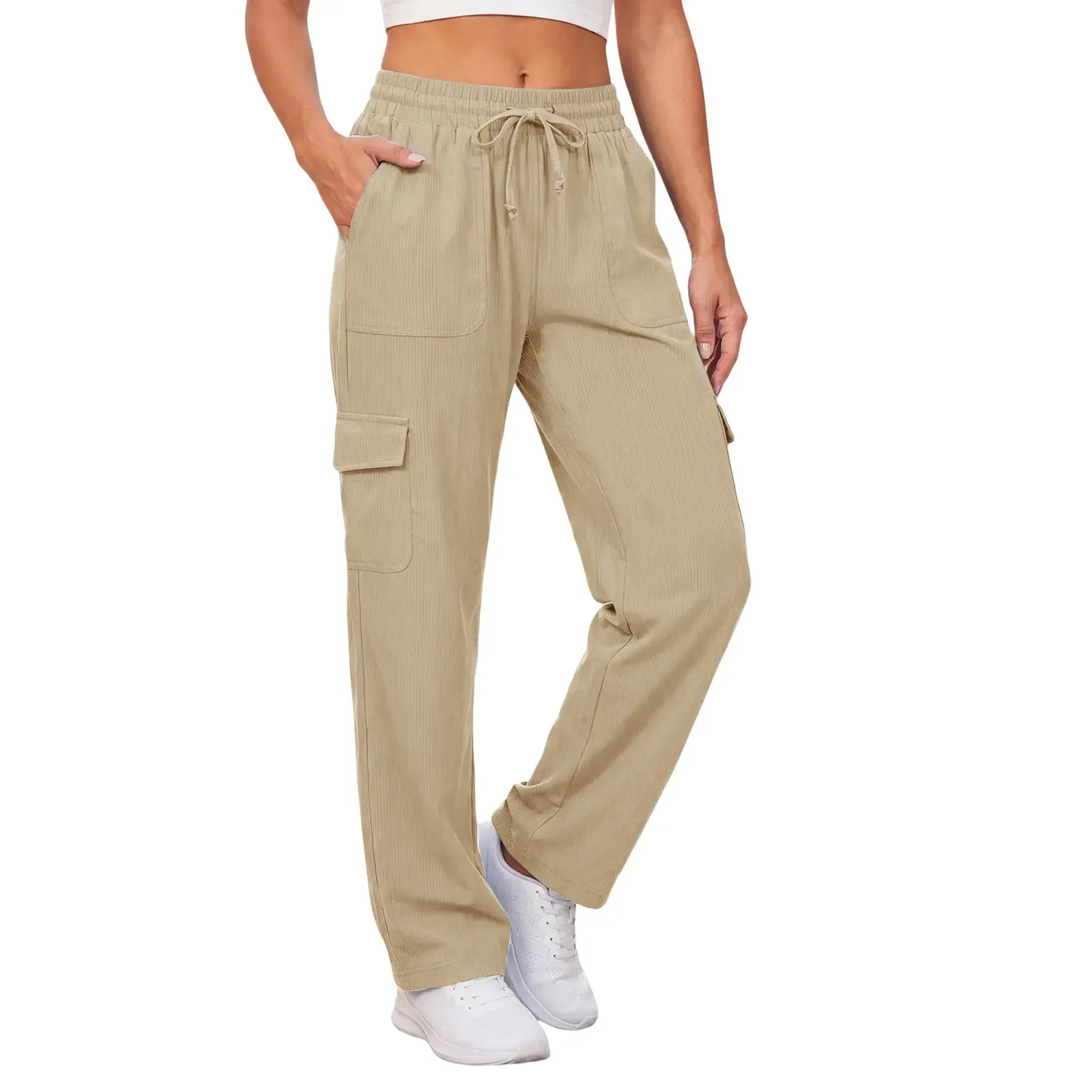 Aoysky Womens Wide Leg Cargo Pants High Waist Casual Pants Multi Pockets | Elastic drawstring waist, straight leg, fashion streetwear, travel hiking pants