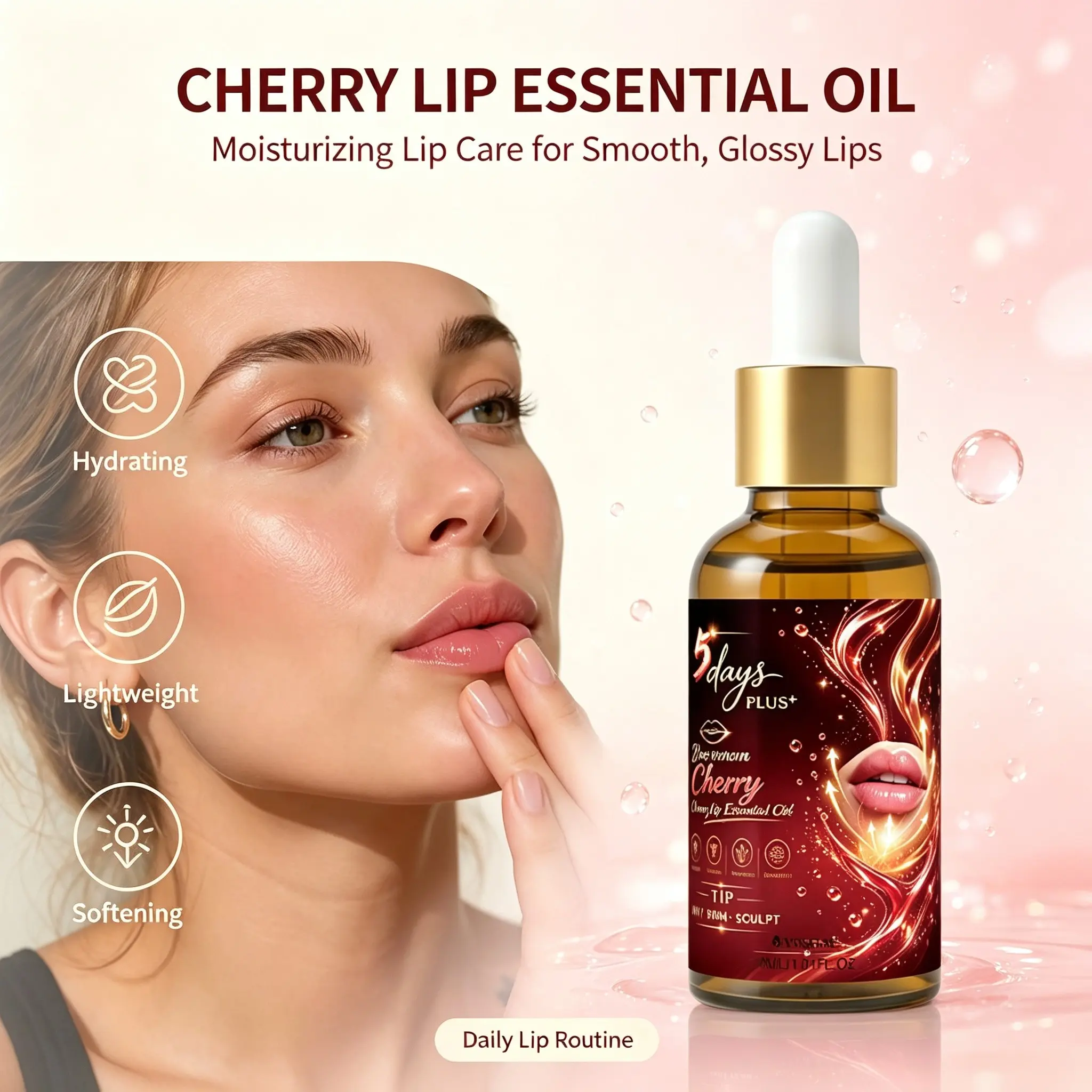 5 Days Plus+ Bee Venom Cherry Lip Oil, Firm & Sculpt Serum, Plump & Hydrate, Smooth Finish, 30ML