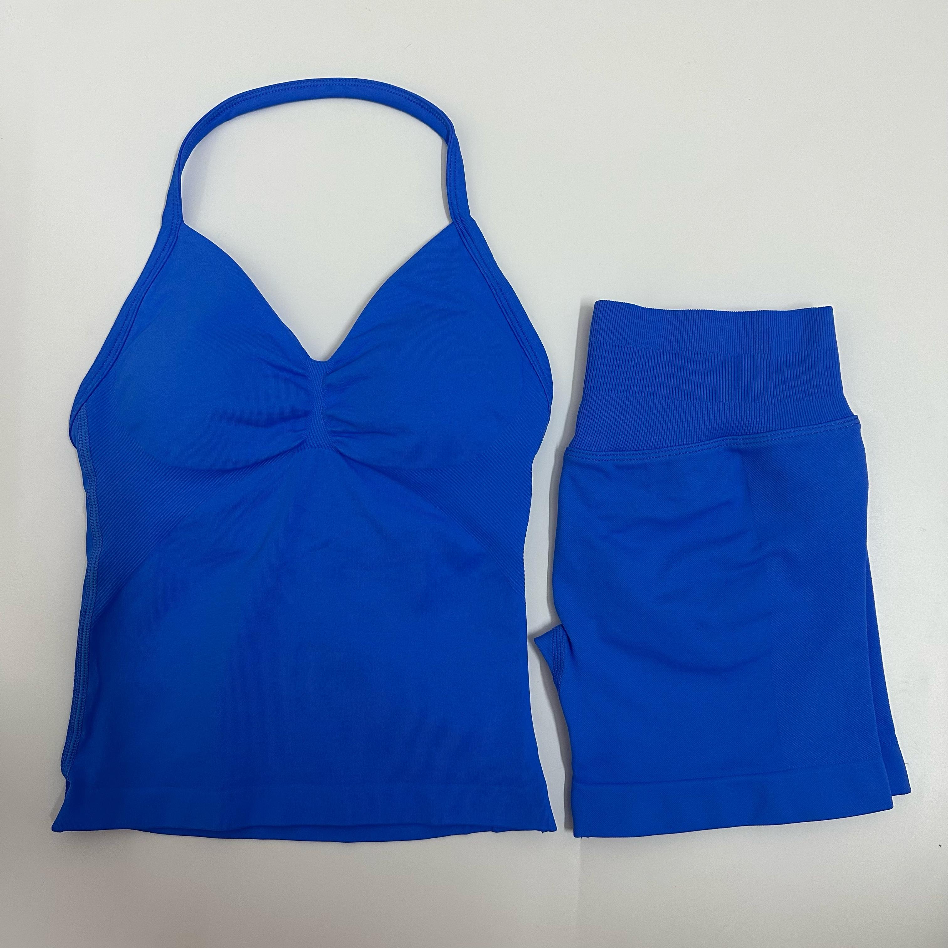 2 Pieces Women Yoga Set Seamless Yoga Longline Strappy Tank Top Scrunch Sports Shorts Gym Clothes Woman Summer Workout Outfit Athleisure Wear