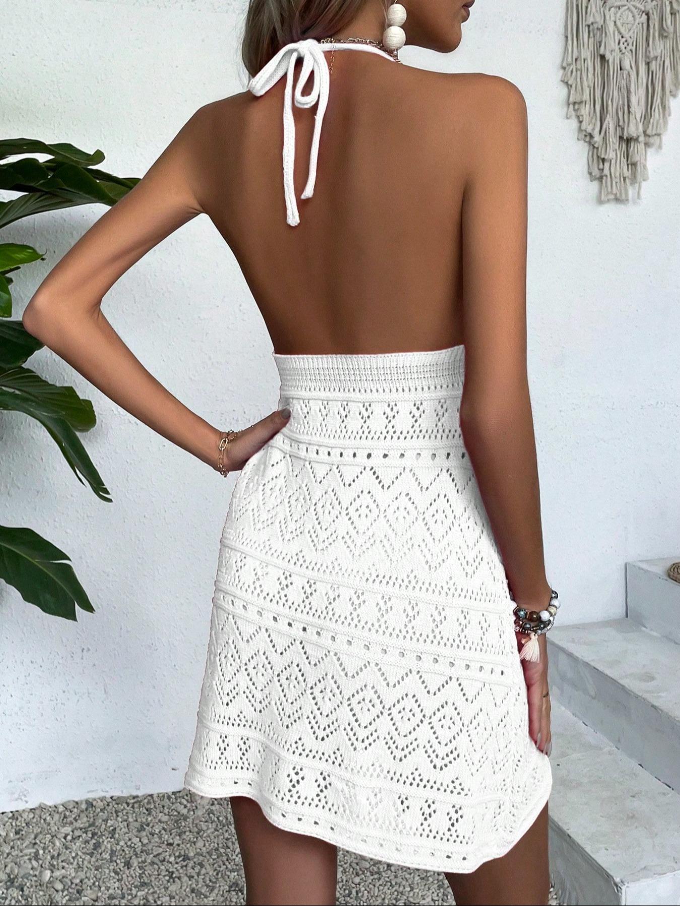 Women's Spring Summer Holiday Casual Halter Backless V-Neck Hollow-Out Knit Dress, Sleeveless Loose-Fitting Beach Vacation Top