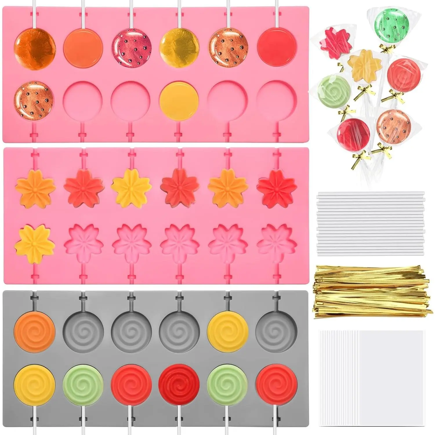 303Pcs Silicone Lollipop Molds Kit, Lollipop Maker Molds Set, Non-Stick Lollipop Candy Molds for Chocolate, 3D Flower Silicone Mold for Hard Candy with 100P Sticks, 100P Candy Bags, 100P Ties