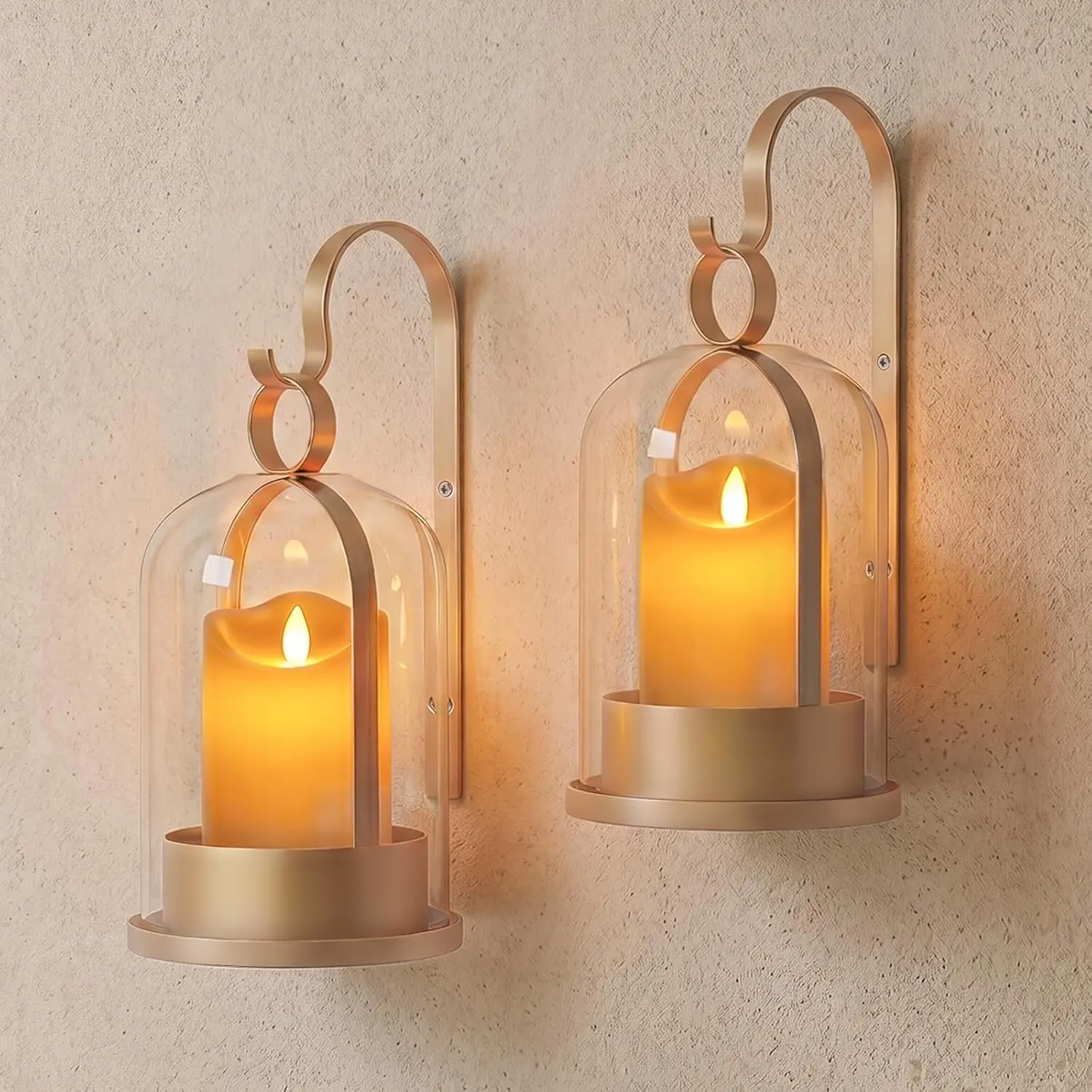 Gold Glass Lanterns Wall Candle Sconces Set of Two, Vintage Metal Hurricane Wall Candle Holders Decorative, Hanging Lantern Rustic Farmhouse Decor for Home Bedroom, Hallway, Living Room