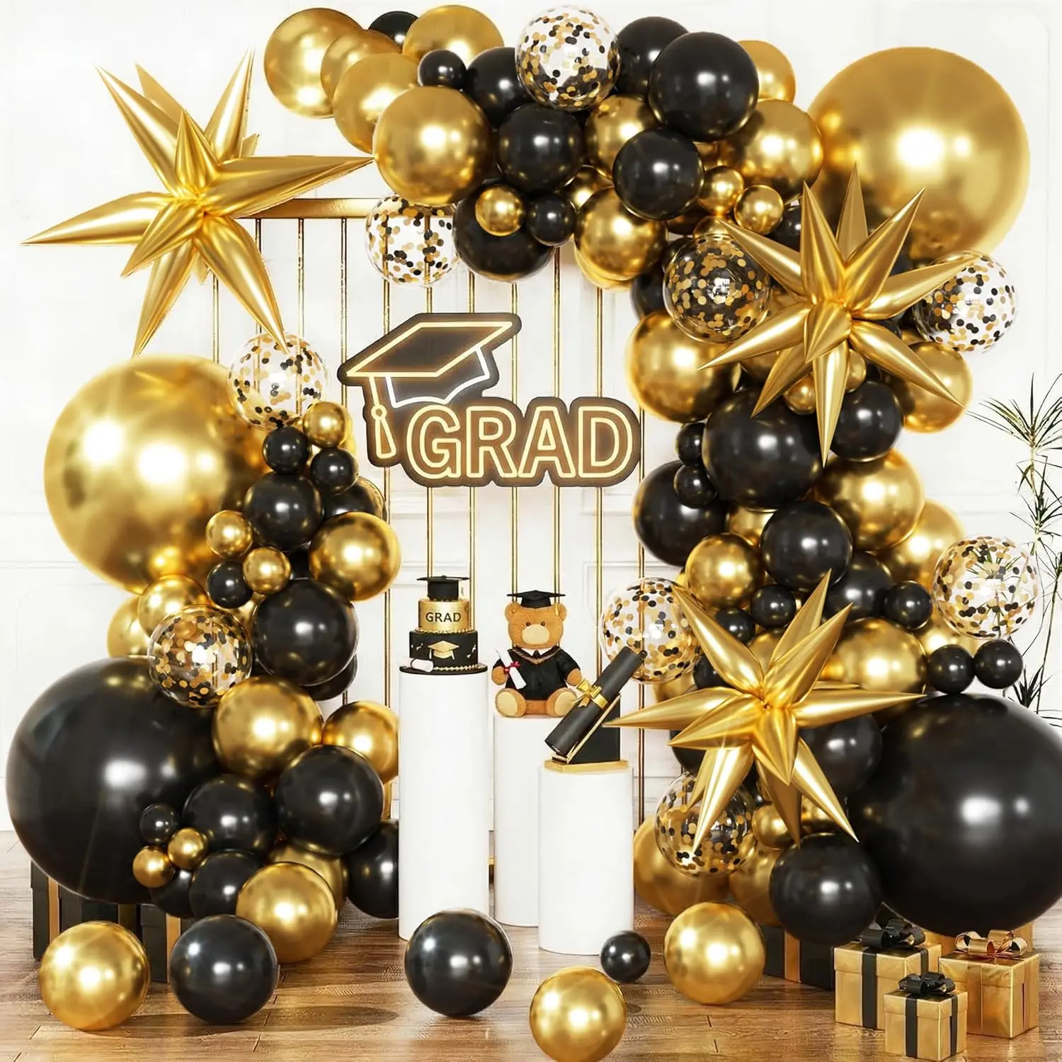 Black-Gold High Quality Balloon Arch Kit with Confetti, Pump, Star-Door Accents for 2026 Graduation, Retirement Decorations