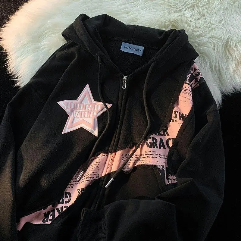 American Style Street Star Letter Print Patchwork Cardigan Sweatshirt for Women Sweet Cool Loose Versatile Jacket Women's Drop-Shoulder Hoodie