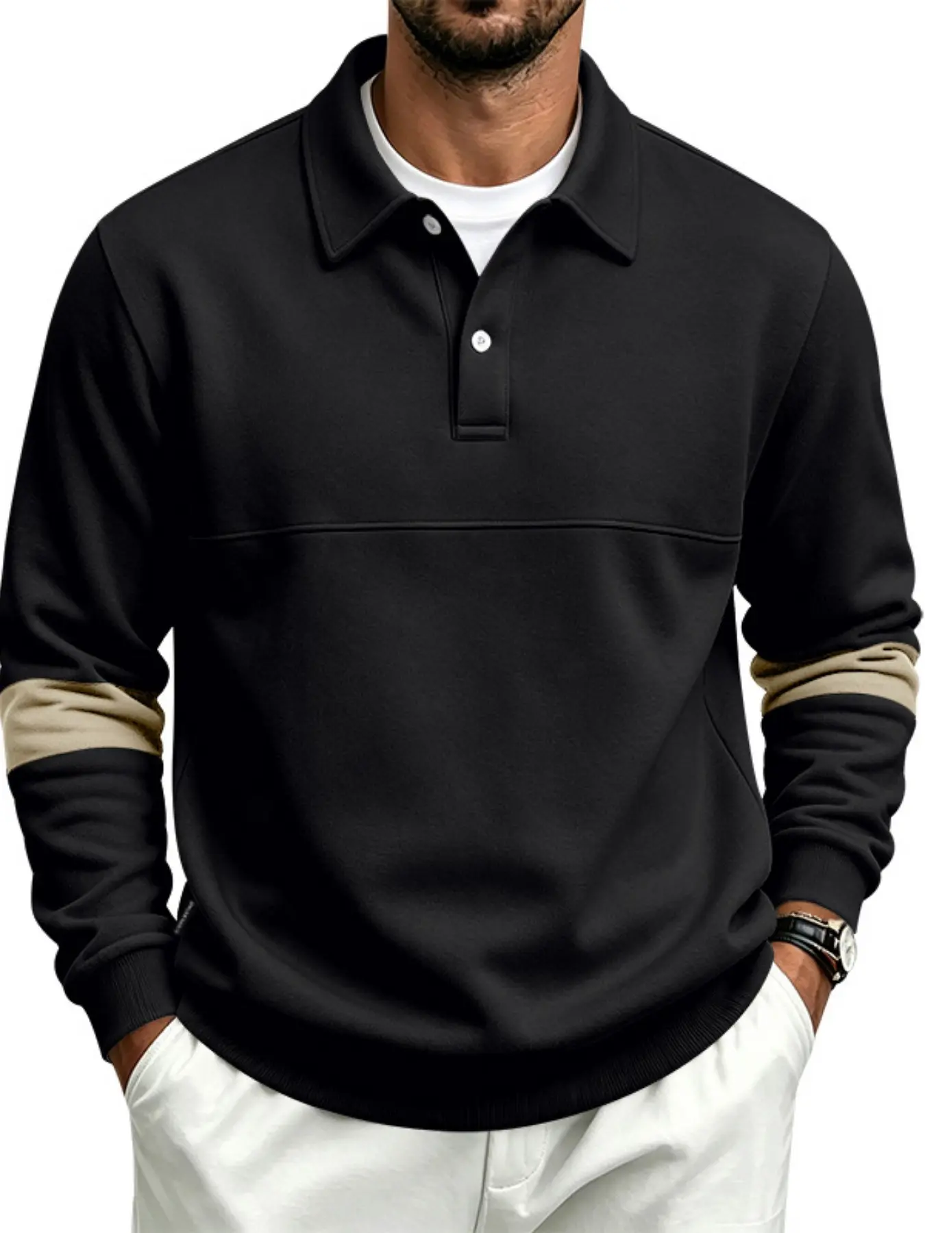 Men's Colorblock Patchwork Sleeve Polo Sweatshirt, Long Sleeve Button Front, Loose Fit, Casual Sporty Style, Multi-Color Design