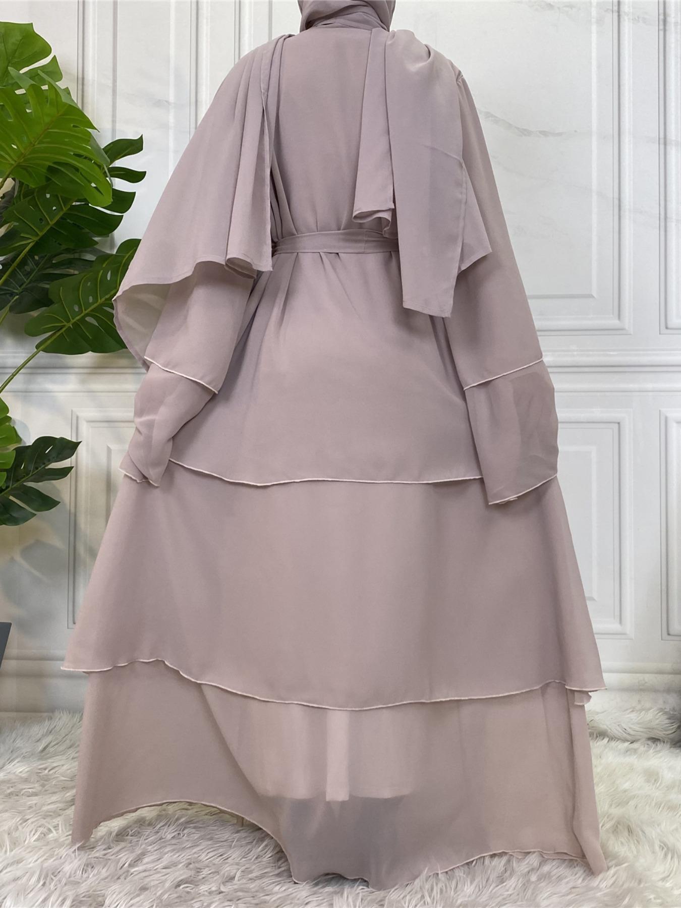 Spring Summer High-Quality Chiffon 3-Layer Eid Abaya with Belt, Casual Party Dress, Comfortable Breathable Fabric, Perfect for Weddings