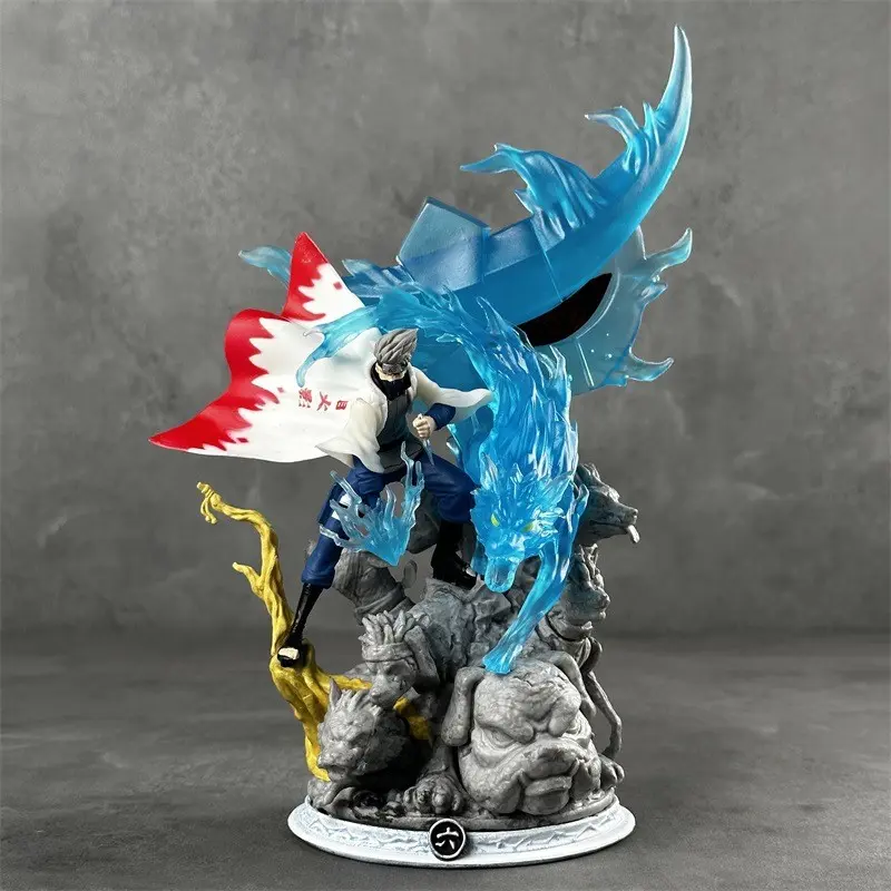 Naruto Sixth Hokage Kakashi Statue, Detailed Silver Hair and Sharingan Eyes, Blue Thunder Dog Effect, PVC Material, Anime Collectible
