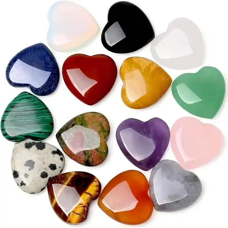 Set of 15 Hand-Carved Heart-Shaped Quartz Crystals, Assorted Natural Colors, Elegant Home Decor, Crystal Grids, Soulful Gifting