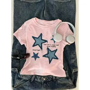 Trendy Y2K Star Print Short Top, Denim Patched Fuzzy Printed T-Shirt, Comfortable Sweet Girl Streetwear, Fashion Womenswear, Perfect for Summer &amp;   Music Festivals High Waist Vintage Floral Layering Jacket Knitwear
