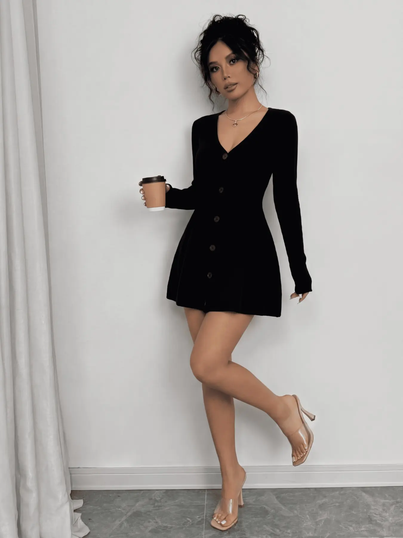 Chic Solid Black Long Sleeve Slim Fit Ribbed Knit Dress, Autumn & Winter Fashion, Stylish Button-Down Mini, Perfect for Casual Wear