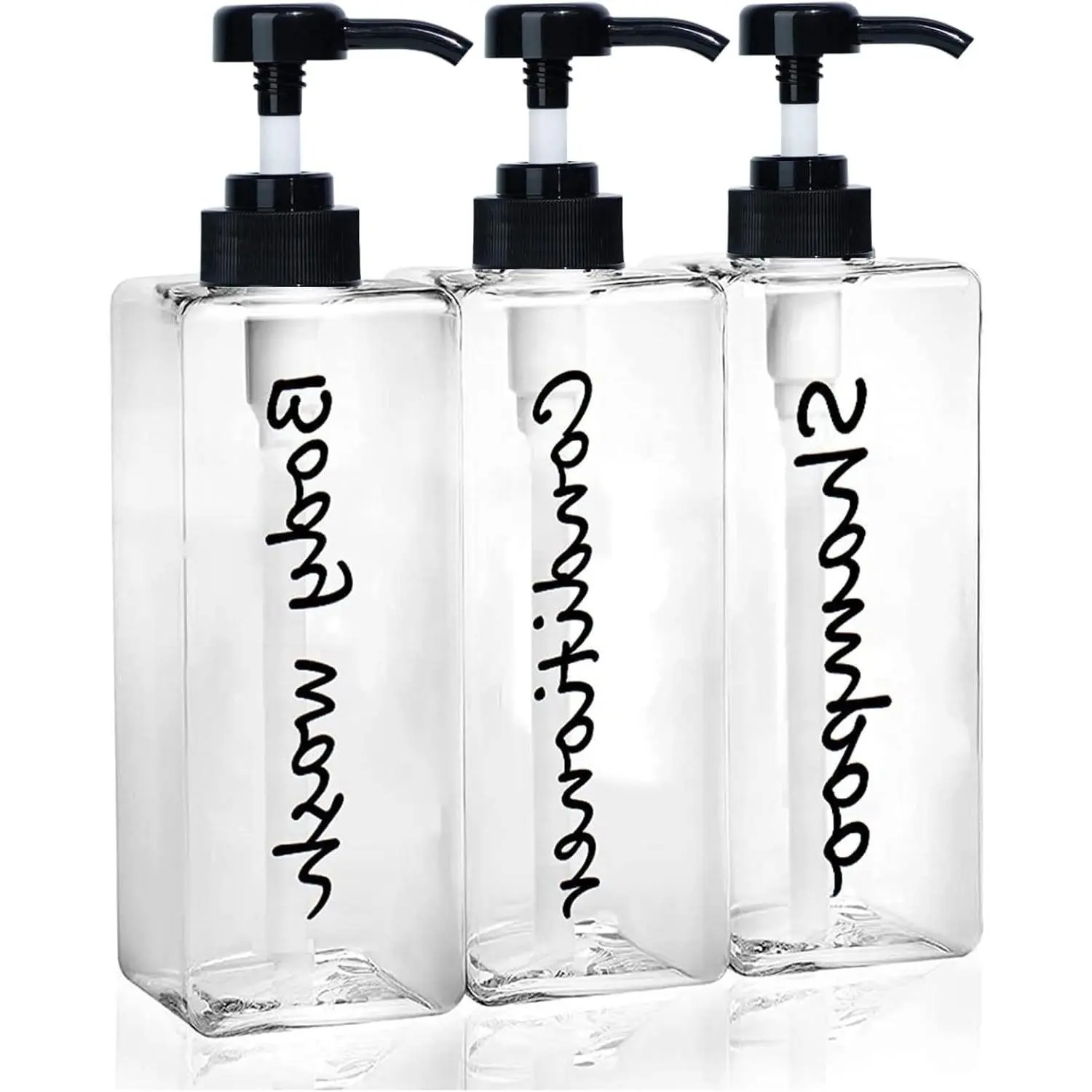 Refillable Shampoo and Conditioner Dispenser Bottles - Set of 3, 21oz Clear Bottles with Black Pumps - Modern Empty Shower Soap and Body Wash DispensersGift