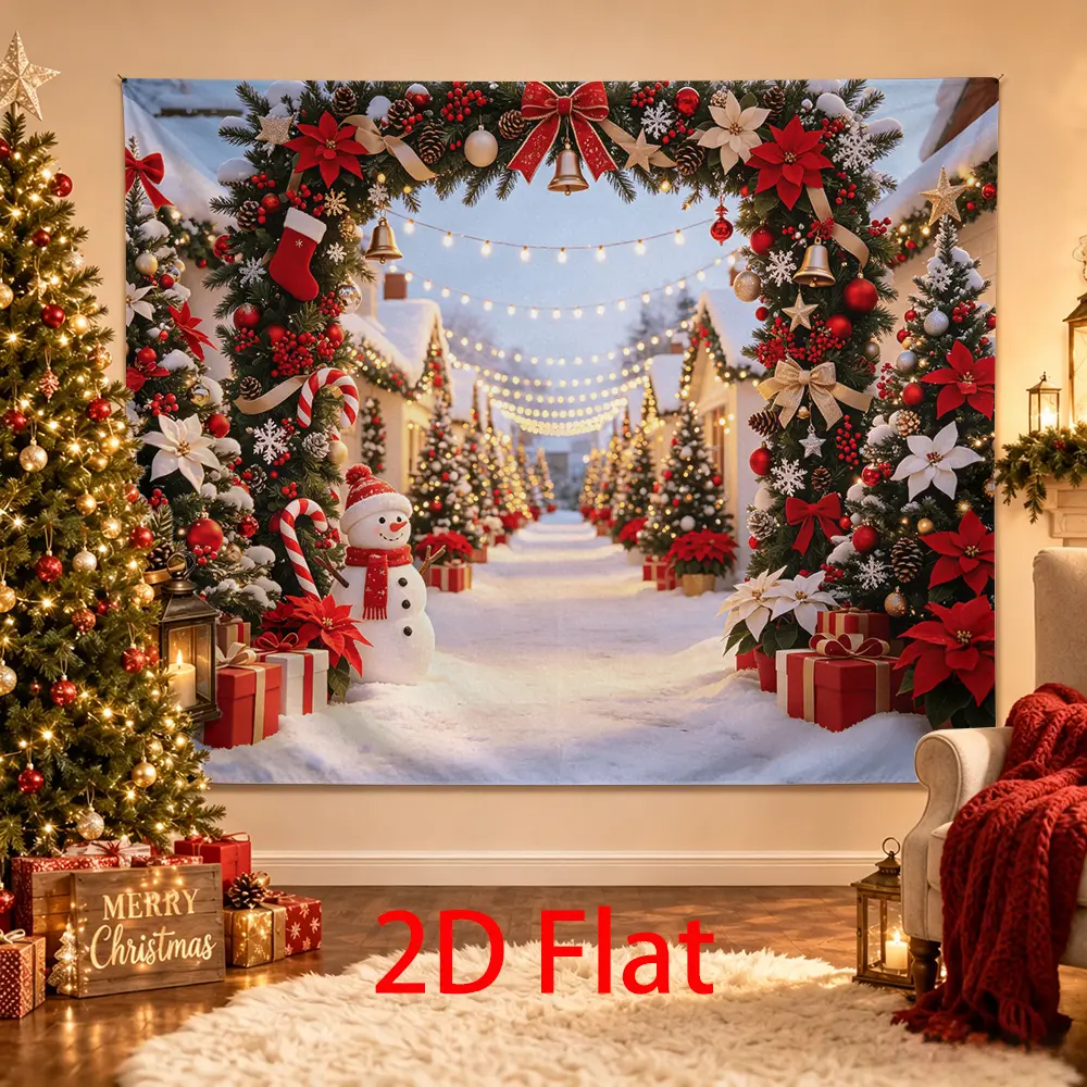 Holiday Photography Christmas Village Backdrop - Village Scene with Snowman, Poinsettia Garland, Candy Canes, Gift Boxes, Warm Lights for Home & Festive Party Supplies